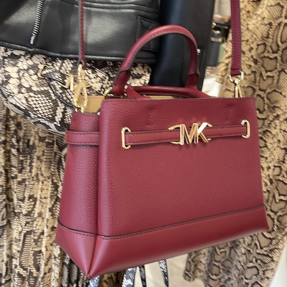 Michael Kors Reed Small Dark Cherry Leather Center Zip Belted Satchel Bag Purse - Picture 5 of 16